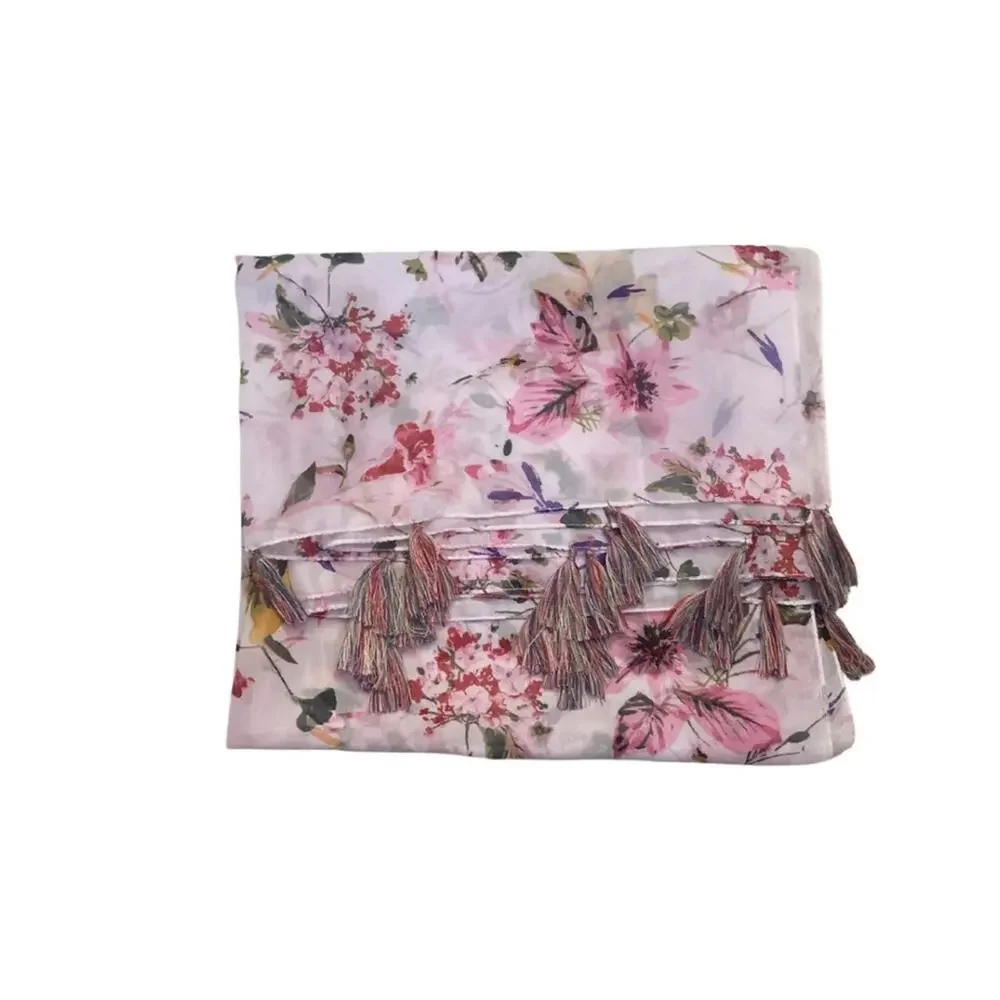 2/$30 Floral Print Tassel White Pink Scarf Wrap Shawl Cottagecore Prairie Boho